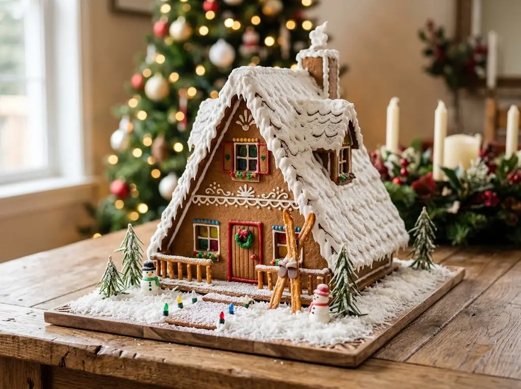 A-frame ski chalet gingerbread house with a steep snowy roof and tiny pretzel skis by the door