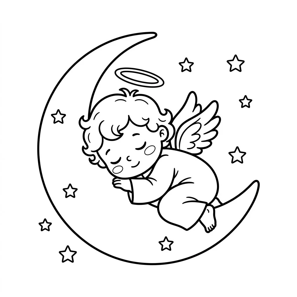 Easy drawing of a sleepy angel curled up on a crescent moon with stars