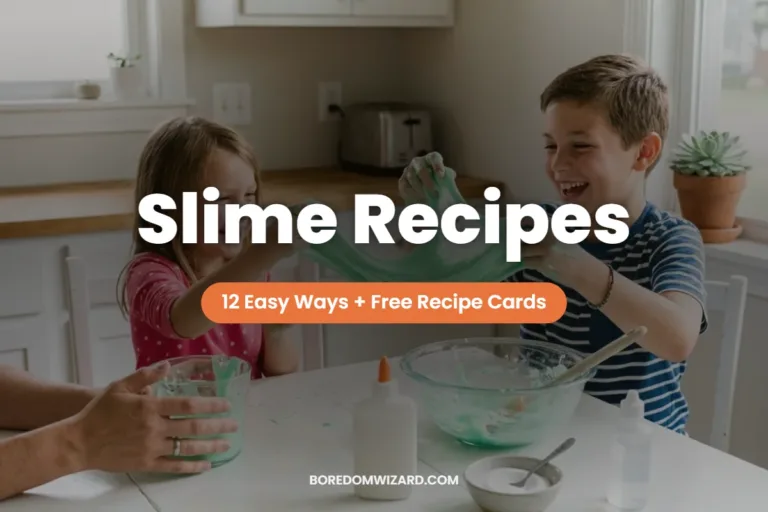 Slime recipes featured image: two kids stretching homemade green slime at a kitchen table