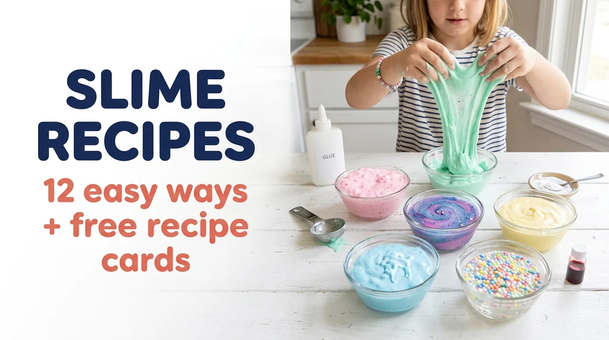 Slime recipe results: bowls of fluffy, glitter, butter and cloud slime on a white kitchen table