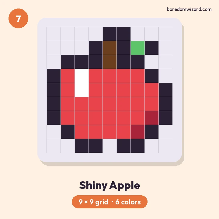 Easy pixel art red apple with a brown stem, green leaf and white shine, 9 by 9 grid