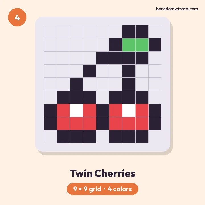 Easy pixel art twin cherries with green leaf and stems on a 9 by 9 grid