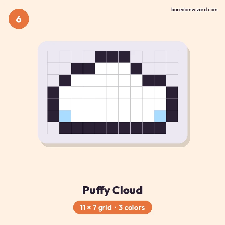 Small pixel art puffy white cloud with light blue shading underneath, 11 by 7 grid