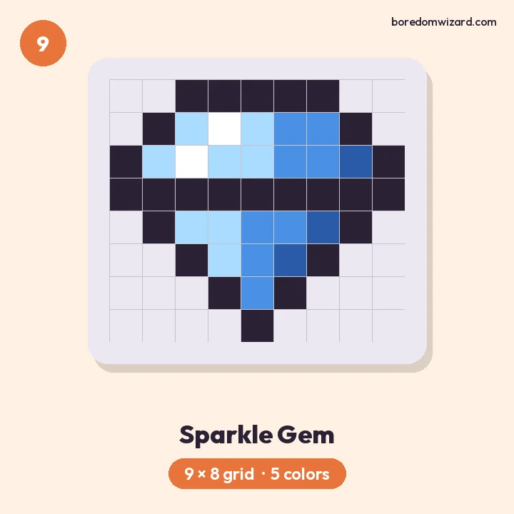 Small pixel art blue gem with white facets and a dark blue shadow, 9 by 8 grid