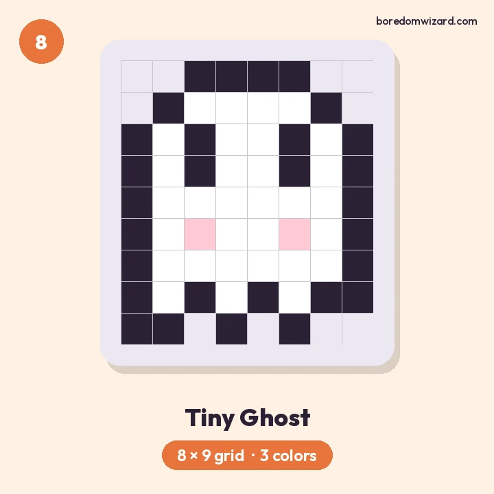Mini pixel art cute white ghost with pink cheeks on an 8 by 9 grid