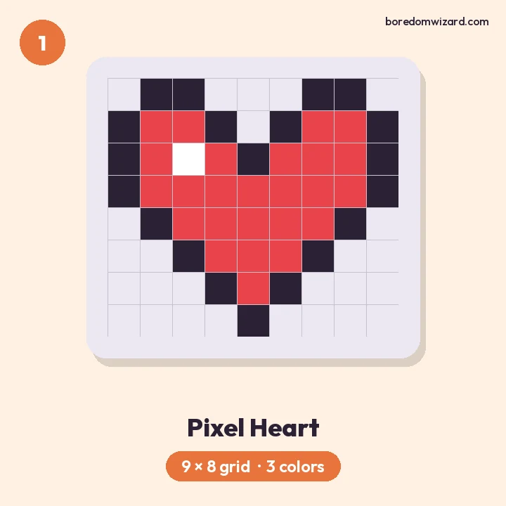 Small pixel art heart in red with a dark outline and one white shine pixel on a 9 by 8 grid