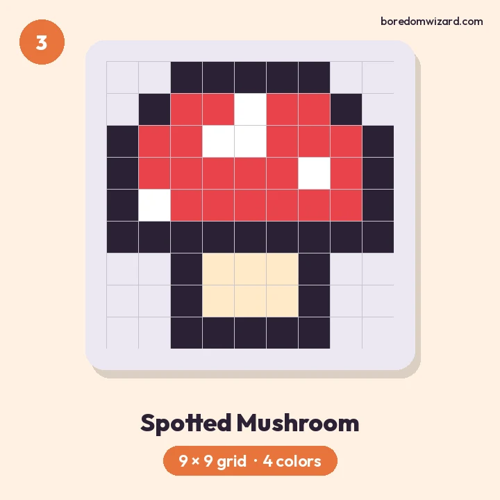 Small pixel art mushroom with a red cap, white spots and a cream stem on a 9 by 9 grid