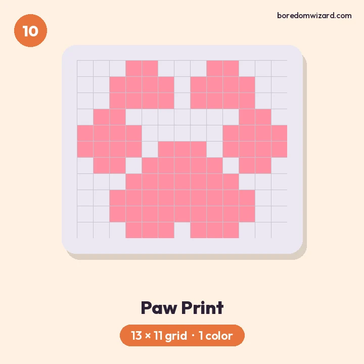 Small pixel art pink paw print with four toes and a round pad on a 13 by 11 grid