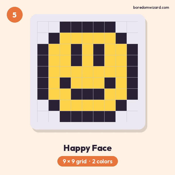 Mini pixel art happy face in yellow with square eyes and a smile, 9 by 9 grid