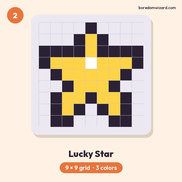 Easy pixel art star in yellow with a white sparkle pixel, 9 by 9 grid