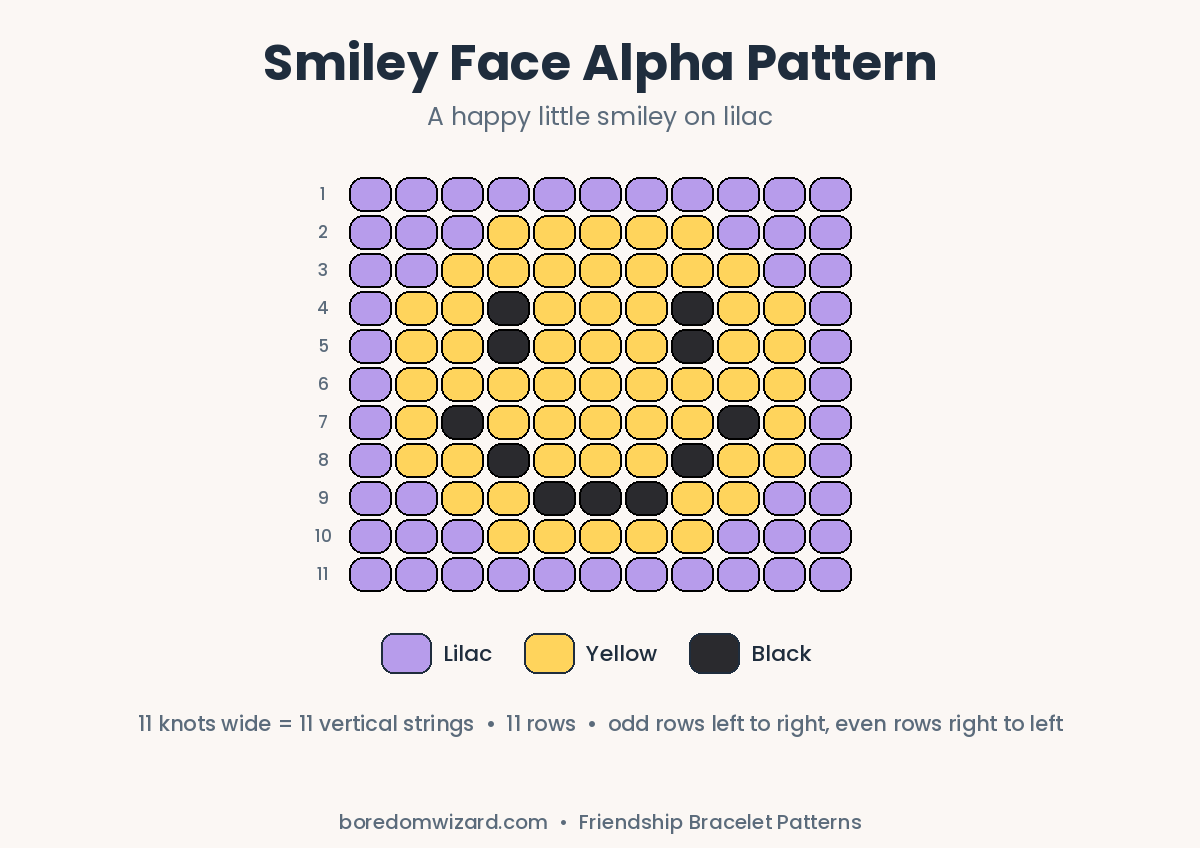 Smiley face friendship bracelet pattern alpha chart with a yellow smiley on lilac