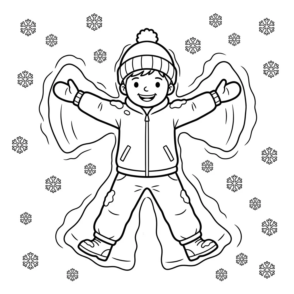Simple drawing of a happy child making a snow angel with snowflakes around