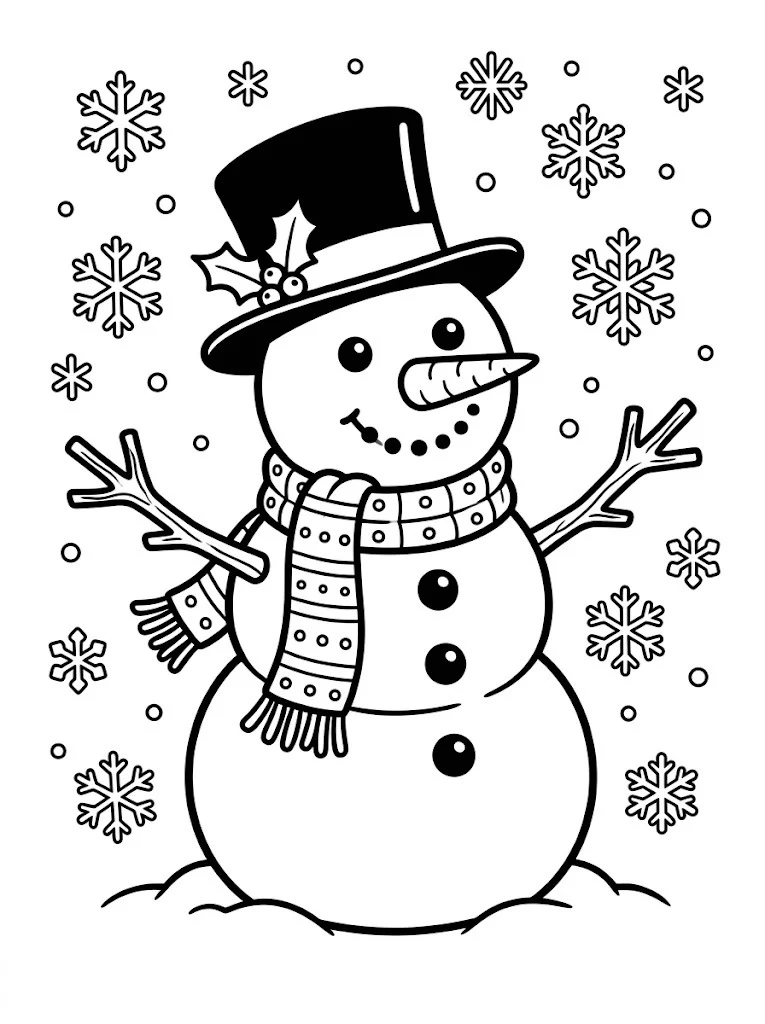 Snowman coloring page with a top hat, scarf, carrot nose and stick arms