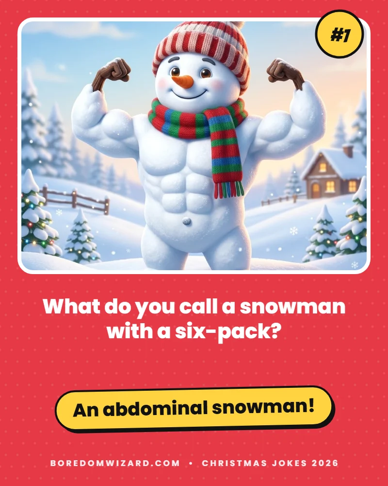 Christmas joke card of a muscular snowman flexing: what do you call a snowman with a six-pack? An abdominal snowman