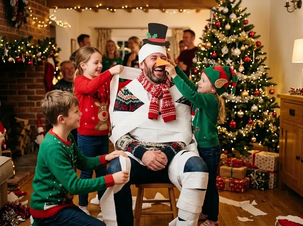Family laughing while wrapping a dad in toilet paper to make a snowman in a Christmas party game