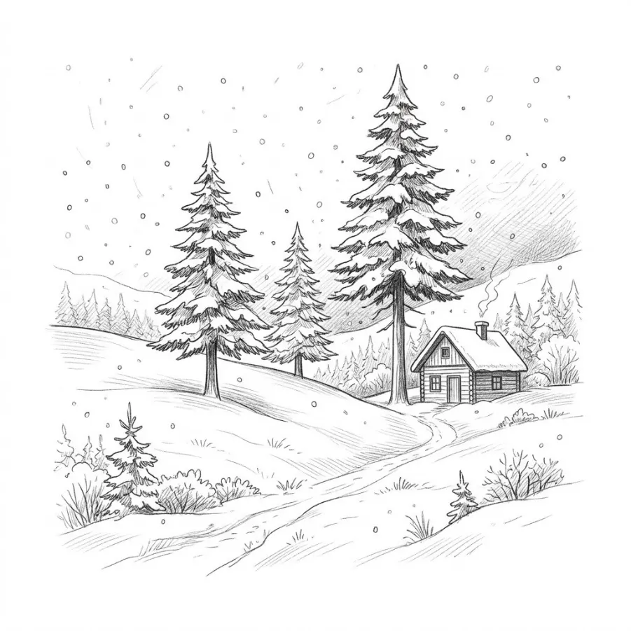 Pencil sketch of a winter landscape with three snowy pine trees on a hill, a small cabin and falling snow