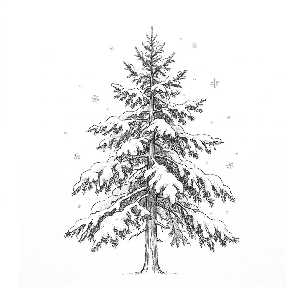 Christmas tree sketch of a snowy pine tree with layered drooping branches and falling snowflakes