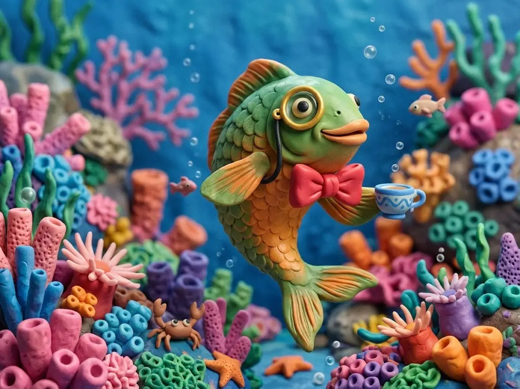Claymation fish wearing a bow tie and monocle illustrating the sofishticated corny joke