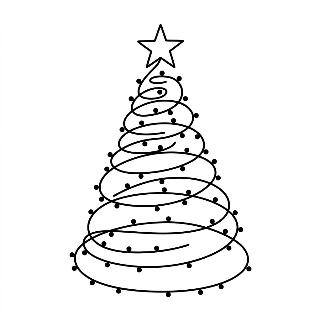 Simple spiral Christmas tree drawing made of one loose spiral line in a cone shape with dots and a star