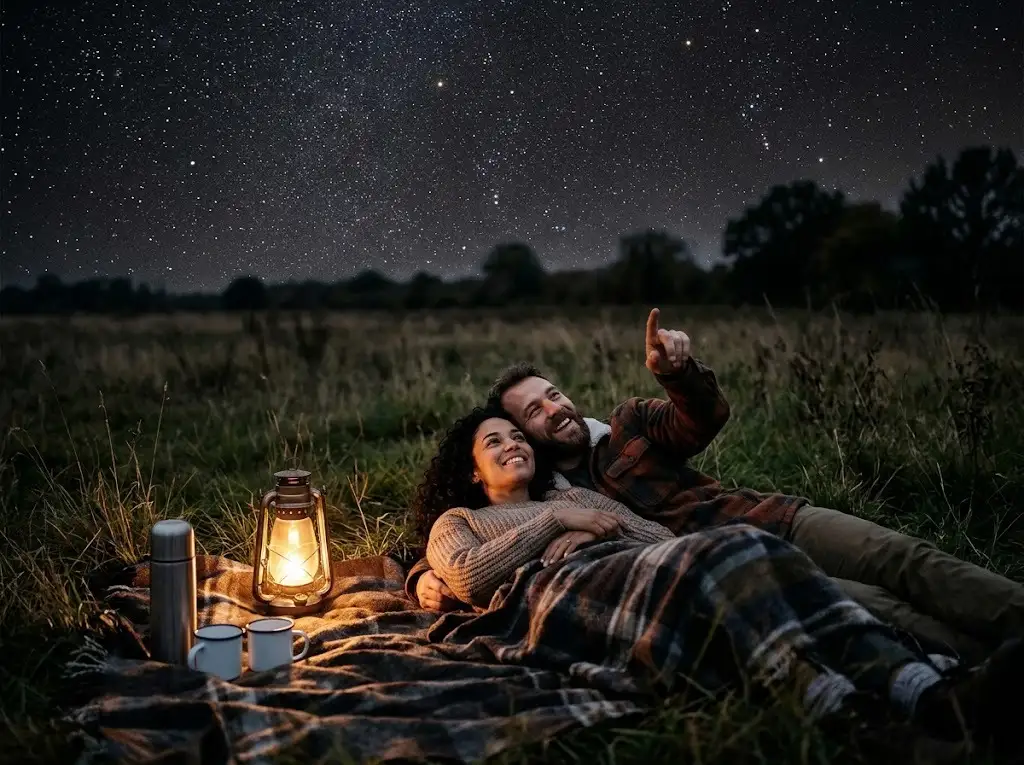 Couple lying on a blanket stargazing at night as a free date idea