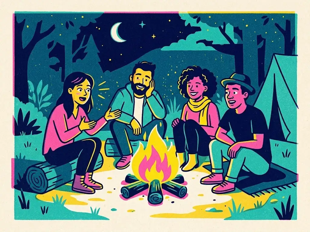 Risograph illustration of friends around a campfire at night listening as one tells a story