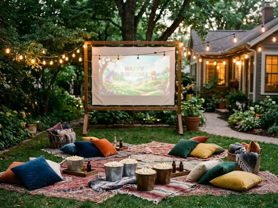 Backyard movie night birthday party setup at dusk with a projector screen, blankets, popcorn and string lights
