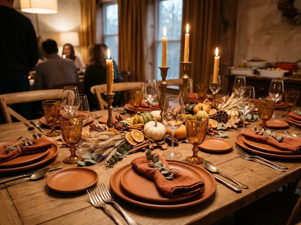Elegant Thanksgiving table decor in terracotta and rust with stoneware plates, amber glasses and candles
