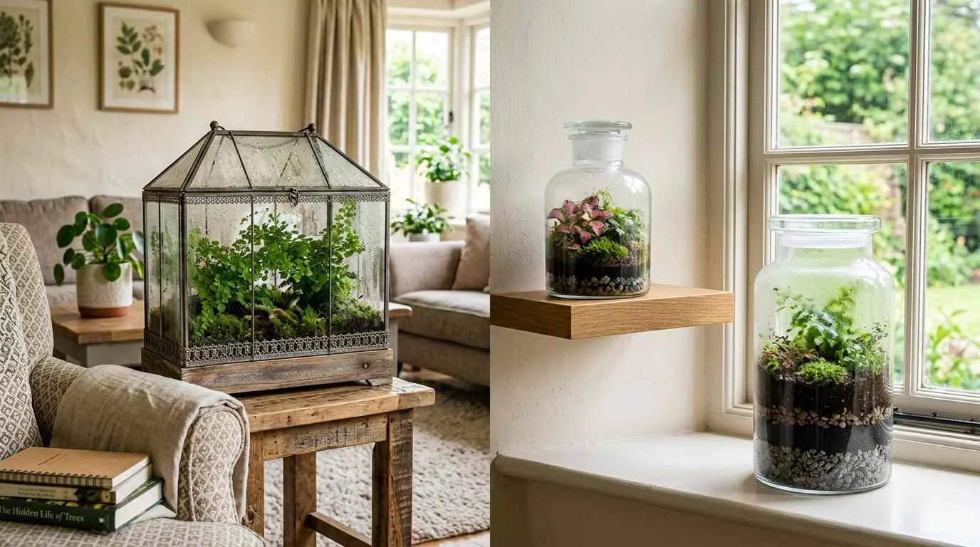 terrariums in a bright living room setting