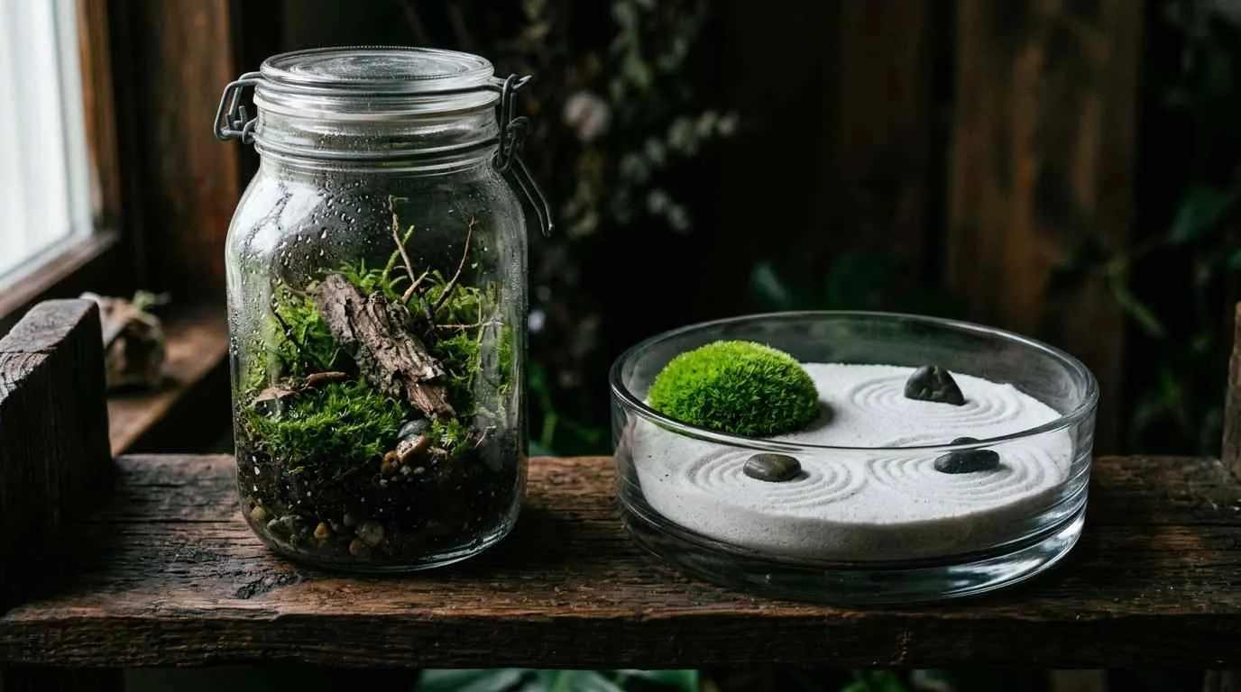 terrariums on a dark wooden shelf