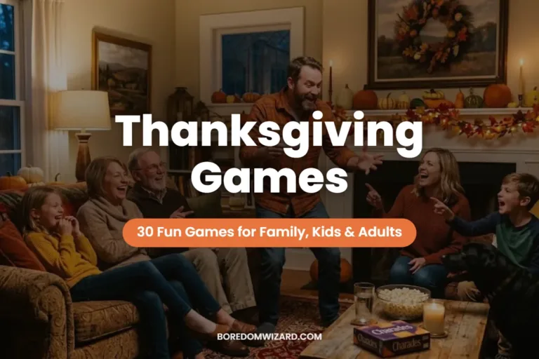 Thanksgiving games featured image: a family laughing during a game of charades in a cozy living room decorated for fall
