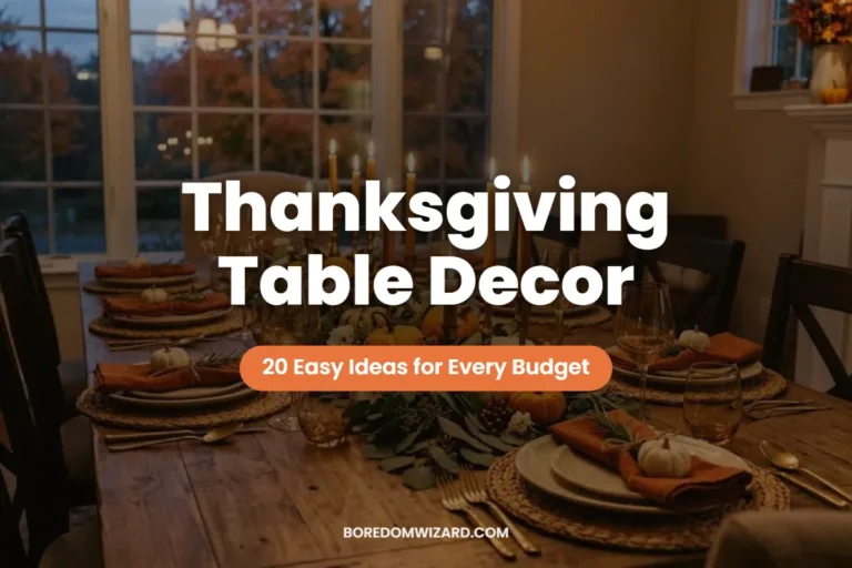 Thanksgiving table decor featured image: a candlelit table with a eucalyptus runner, mini pumpkins and rust napkins