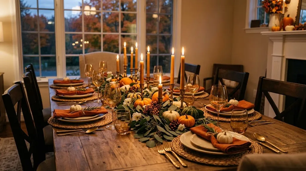 Long Thanksgiving dinner table decorated with a eucalyptus runner, mini pumpkins, taper candles and rust linen napkins in warm evening light