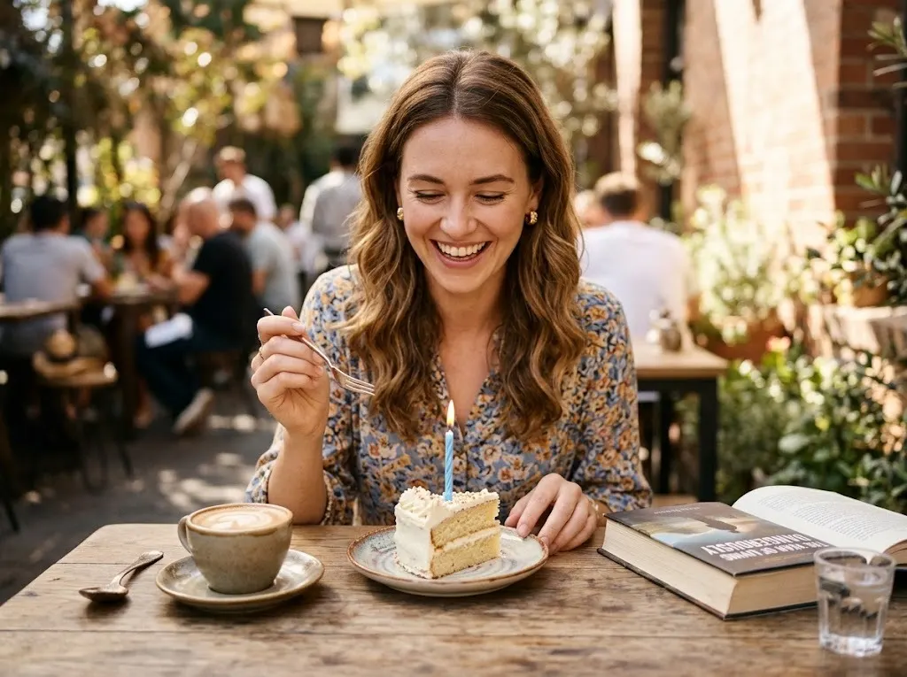 Woman celebrating her birthday alone at a sunny cafe with a slice of cake with one candle, a book and coffee