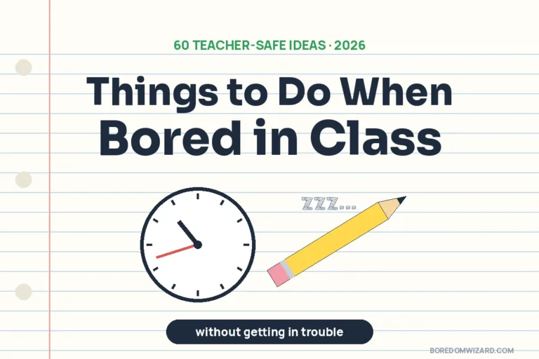 Things to do when bored in class 2026 cover: the title centered on lined notebook paper above a classroom clock at 10:42 and a yellow pencil, with the words without getting in trouble