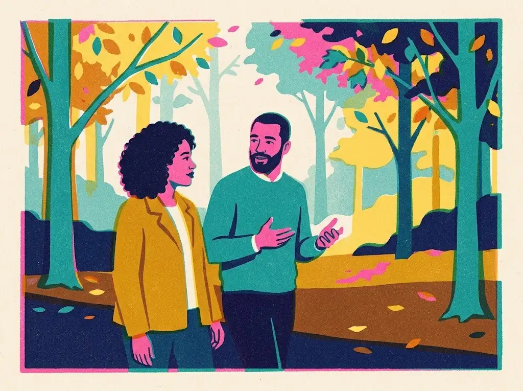 Risograph illustration of two people on an autumn walk deep in a thoughtful conversation about values