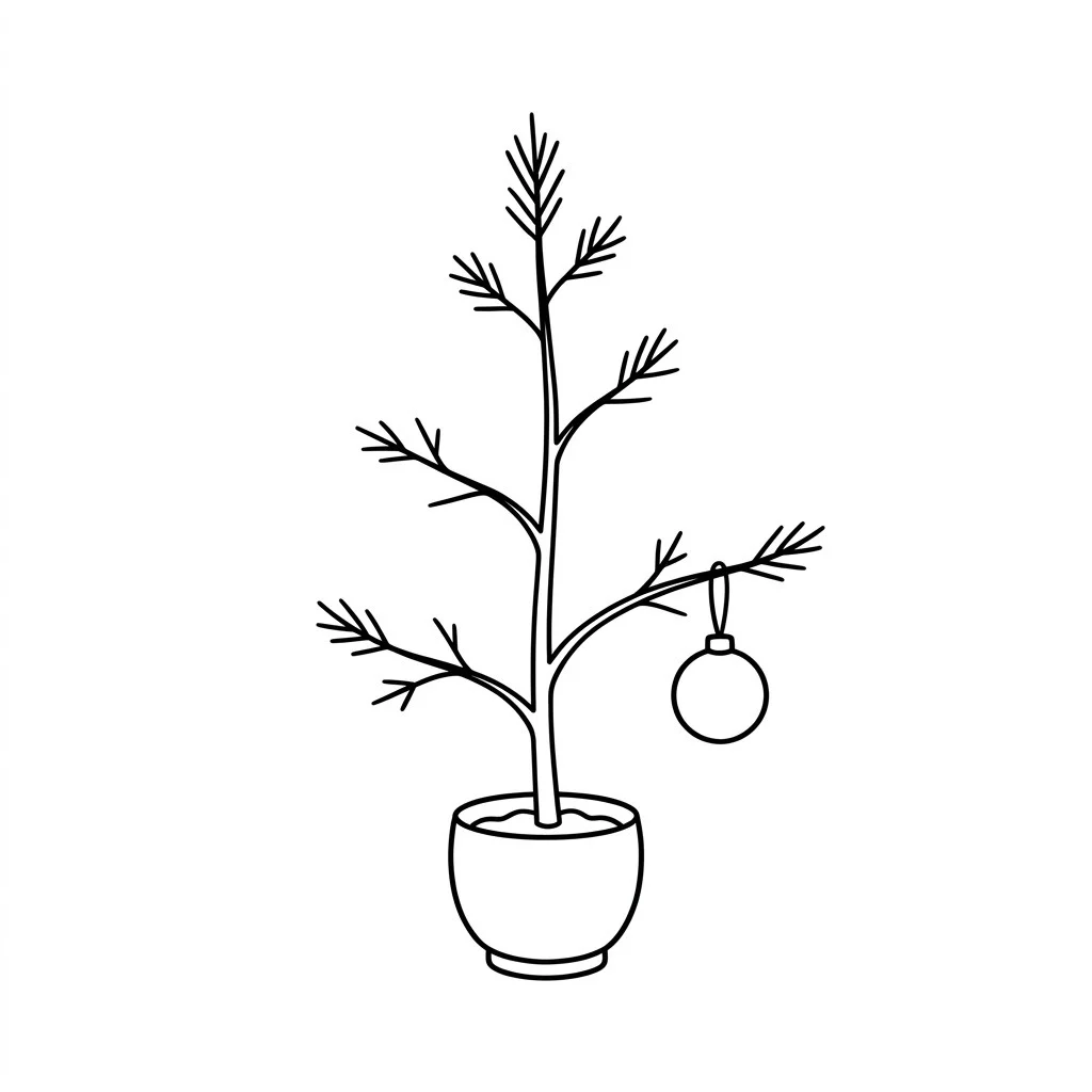 Simple drawing of a tiny skinny sapling Christmas tree with sparse branches and one ornament in a small pot