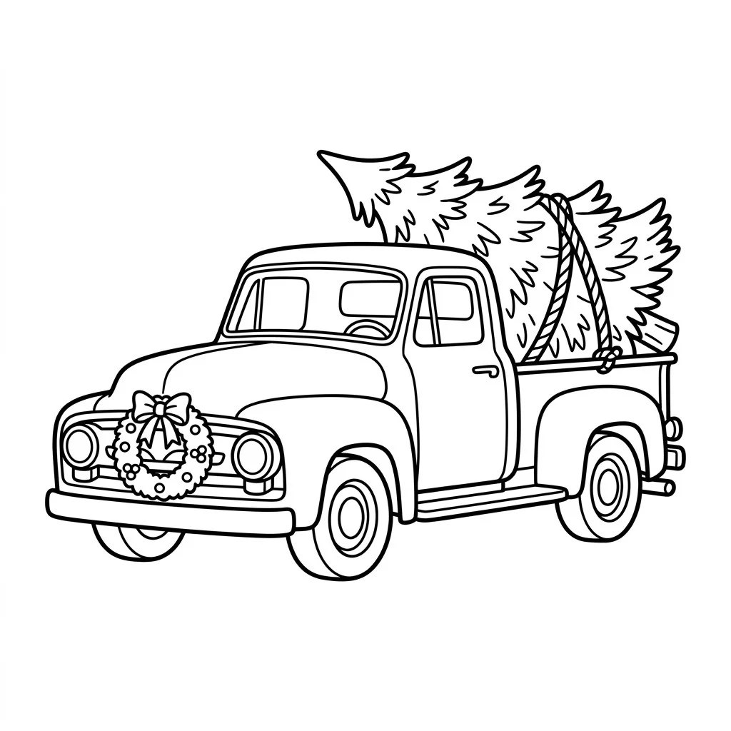 Drawing of a cute vintage pickup truck carrying a Christmas tree with a wreath on the front grille