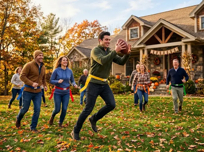 Family playing a friendly backyard flag football Turkey Bowl game on Thanksgiving afternoon with fall leaves