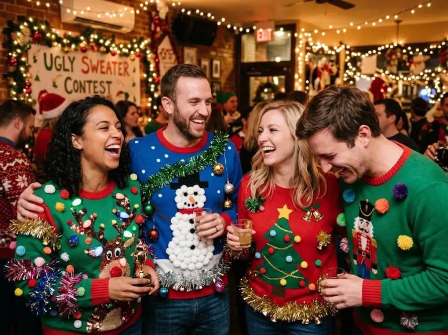 Adult friends laughing at an ugly Christmas sweater contest with colorful tinsel sweaters at a holiday party