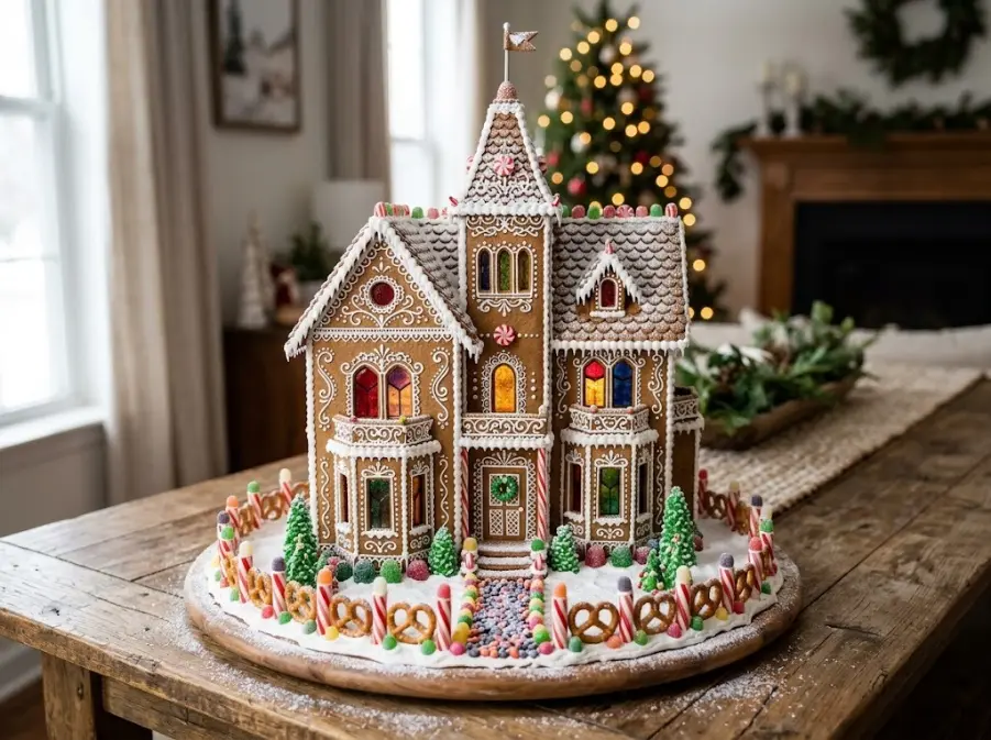 Elaborate Victorian gingerbread house with a tower, piped white icing trim, candy windows and a fence