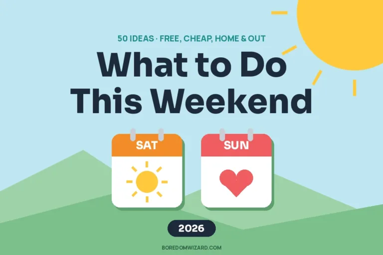What to do this weekend 2026 cover: the title centered above two calendar pages for Saturday and Sunday with a sun and a heart, on a sunny sky and green hills