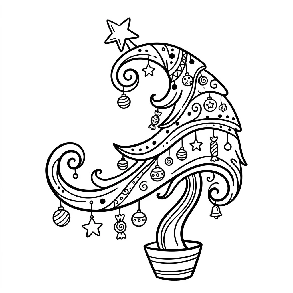 Whimsical cartoon Christmas tree drawing that curves and swirls to one side with mismatched ornaments