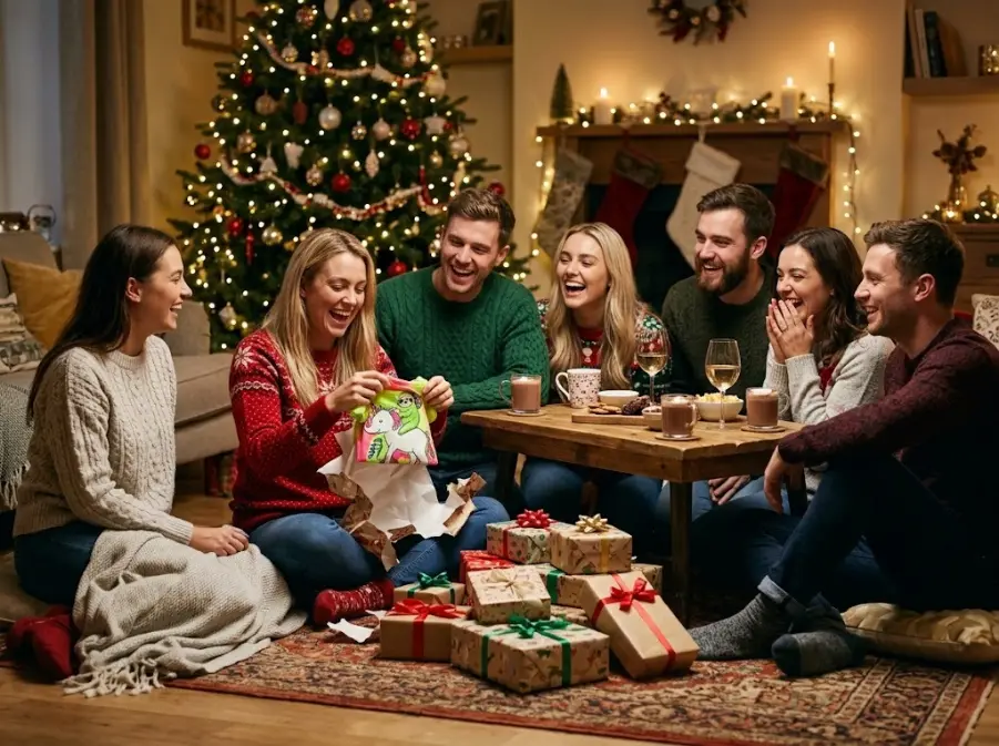 Friends laughing in a circle during a white elephant Christmas gift exchange game by the Christmas tree