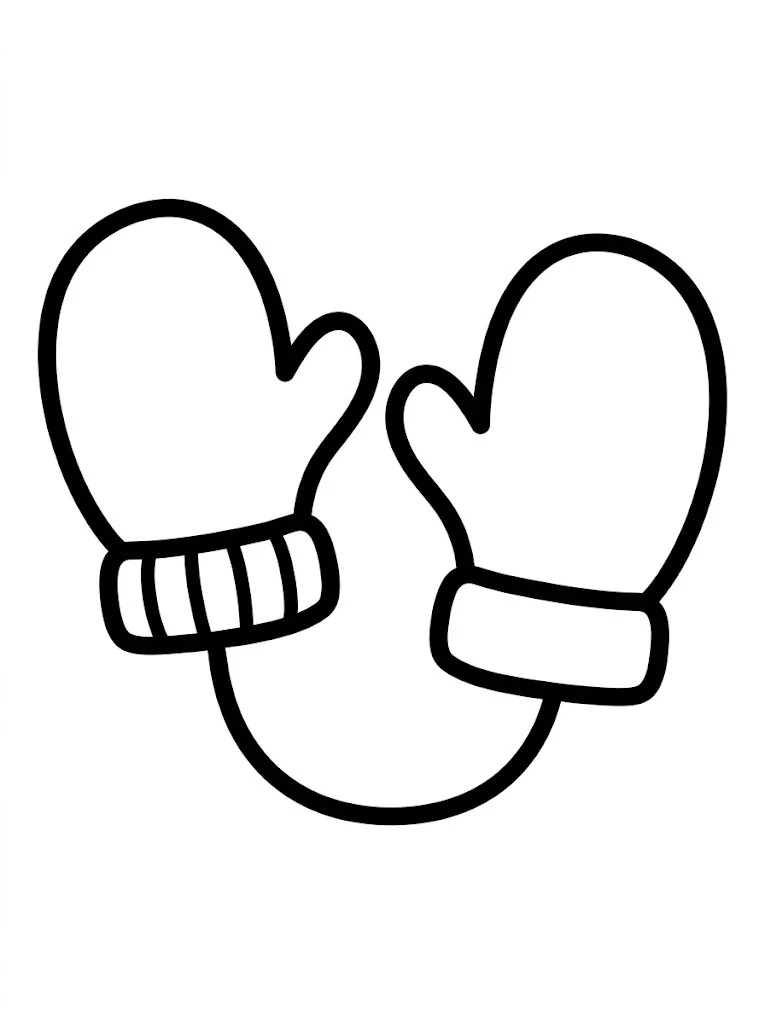 Pair of winter mittens coloring page joined by a string, simple bold outlines