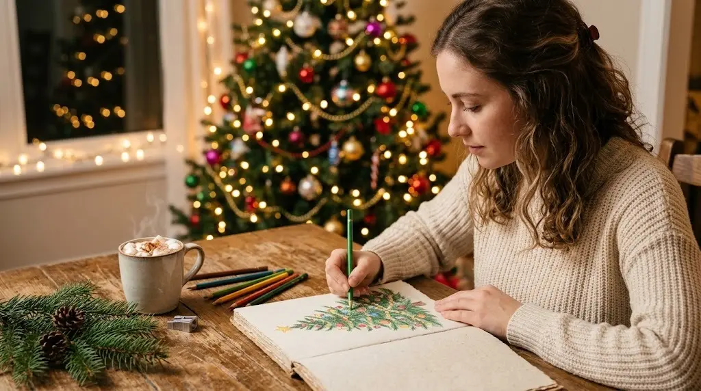 Woman drawing a decorated Christmas tree in a sketchbook with colored pencils next to a lit Christmas tree