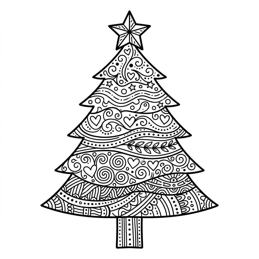 Zentangle doodle Christmas tree drawing filled with swirls, dots, hearts and stripe patterns