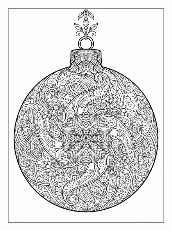 Detailed zentangle Christmas ornament coloring page for adults